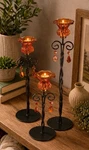 Set Of 3 Wrought Iron & Amber Color Glass Candle Holders 18" 15" 10" Wedding Nos. Fixed Price $39.99.