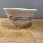 Vtg Mccoy Oven #12 Large Stoneware Mixing Bowl Pink Blue Stripe Farmhouse. Fixed Price $53.99.
