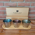 Nib Pampa Bay Serveware Set 3 Colored Textured Metalic Glass Bowls W/ Wood Tray. Fixed Price $30.40.