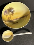 Vtg. Hand Painted Porcelain Footed Condiment Bowl W/ Ladle By Meito, 5 Diameter. Fixed Price $24.99.