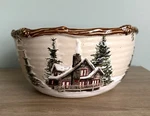 St. Nicholas Square "snow Valley" Large Round Serving Bowl 10.5 Log Cabin. Fixed Price $25.00.