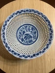 Japanese Hasami Ware Porcelain Bowl Blue White Open Work Lattice, 11 Across. Fixed Price $85.00.