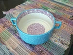 Signature Blue Purple Geometric Ceramic Onion Soup Bowl 2 Handles Microwave Safe. Fixed Price $16.95.