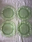 4 Pyrex Christmas 2001 World Kitchen Green Glass 12 " Plate Platter Emboss Holly. Fixed Price $50.00.