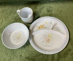 Vintage Precious Moments 1987 Enesco Melamine Toddler Plate Cup & Bowl Set. Fixed Price $13.75.