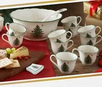 Spode Christmas Tree 10 Pc Punch Bowl Set Scalloped Porcelain Holiday Serveware. Fixed Price $119.99.