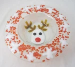 Mud Pie Fused Glass Dip Bowl Holiday Reindeer Snowflakes Clear Red White 8" Wide. Fixed Price $22.99.