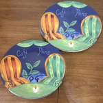 Furio Caf Paris Painted Ceramic Dinner Plates Blue Green Orange Set Of 2 7". Fixed Price $18.50.