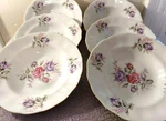 Vtg 6 Pc Favolina Poland Pink & Purple Rose Floral 8" Gold Rim Soup Bowls. Fixed Price $14.99.