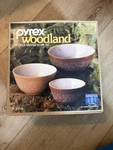 Vintage Pyrex Sealed Unopened Box Woodland Pc Mixing Bowl Set 300-6 Brown Mint. Fixed Price $200.00.