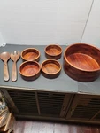 Vintage Hand Made Acacia Wood Lg Salad Bowl Serving 7 Piece Set. Fixed Price $45.00.