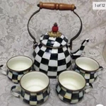 Mackenzie Childs Courtley Check Enamelware 2 Qts Tea Kettle W/ 4 Cups. Fixed Price $549.95.