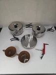 Vintage Mirro Stainless Steel Copper Bottom Cook Set Camping Nesting Pan. Fixed Price $40.00.