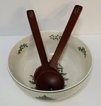 Spode Christmas Tree Salad Bowl Set Wood Serving Spoons Royal China Co. Fixed Price $79.70.