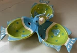 Dennis East Ceramic Fish Shaped Party Bowls Blue Green Polka Dot Glossy. Fixed Price $28.00.
