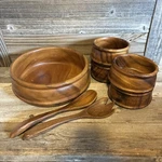 Vintage Wooden Bowl 12" Acacia Wood+ Large 4 Salad Set Spoon And Fork. Fixed Price $75.00.