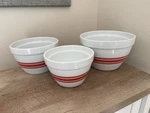 Crate & Barrel Heavy Nesting Mixing Bowl Set White Red Stripes Porcelain. Fixed Price $55.00.