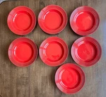 Of 7 Le Creuset Red 10" Rimmed Soup / Pasta Stoneware Bowls Replacement. Fixed Price $137.99.