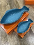 Le Creuset Stoneware Caribbean Blue Fish Shaped Dish Sm 6.25"X3" MED10.5"X5". Fixed Price $100.00.