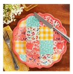 Four (4) Pioneer Woman Coral Quilted Patchwork 10.7" Melamine Dinner Plates. Fixed Price $32.00.