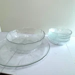 Vintage Arcoroc Petal Fleur Glass Salad Serving Platter Six Bowls Set Lot. Fixed Price $50.00.