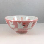 Japanese Children Rice Bowl 4.25"D Porcelain Flower Rabbits Pink Made. Fixed Price $13.95.