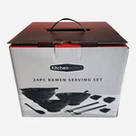 Kitcheneered 24-PCS Ramen Serving Set Black Melamine Bowls Spoons Chopsticks Nib. Fixed Price $26.00.