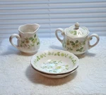 Petite Ironstone Creamer, Sugar Set & Bowls Green Floral Japan Spring. Fixed Price $24.99.