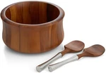 Nambe Nara Acacia Wood Salad Bowl With Servers, Alloy Metal. Fixed Price $125.00.