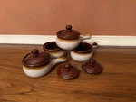 Vintage French Onion Soup Crocks Brown Glazed W/lids (set Of 4) Acme Chili Bowls. Fixed Price $15.00.