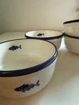 Vintage Crate & Barrel Fish Bowls White W/blue Over Back Italy Pair. Fixed Price $49.50.