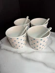 Crofton Porcelain Ice Cream Bowls Set 4 With Spoons White/ Blue Polka Dots. Fixed Price $15.00.