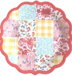 Four (4) Pioneer Woman Coral Quilted Patchwork 10.7" Melamine Dinner Plates. Fixed Price $42.40.