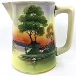 Nippon Porcelain Hand Painted Creamer Pitcher Landscape 5.75" Lake Sunrise Swan. Fixed Price $12.00.
