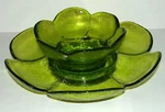 Vtg Green Glass Chip & Dip Fruit Bowl Set Textured Lotus Flower Petal Style. Fixed Price $7.99.