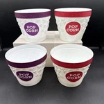 Hutzler Brand Small Popcorn Matching Tubs Red Purple 4"H X 5"W Butter. Fixed Price $10.00.