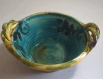Rare Signed Don Swanson Art Pottery Bowl In Green & Turquoise 8X4" Centerpiece. Fixed Price $45.00.