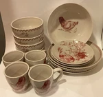 Bonjour Chanticleer Rooster Stoneware Dinnerware Set W/serving Bowl Retired. Fixed Price $75.00.