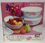 Set Of 3 Porcelain Enamel Bowls W/ Snap On Covers Spring Blossoms Read. Fixed Price $19.98.