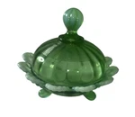 Vintage Mosser Glass Green Opalescent Klondyke Pattern Covered Candy Dish. Fixed Price $48.00.