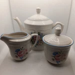 Perugino Tea Pot, Creamer And Sugar Bowl Set Floral Blue Trim PNO3 Stoneware. Fixed Price $22.99.