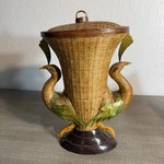 Vintage Double Peacock Raffia Basket Lidded Design Hand Woven Unique Decor. Fixed Price $58.00.