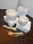 New Rae Dunn Guacamole Salsa Bowls W/2 Wooden Spoons Taco Night. Fixed Price $15.00.