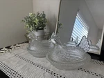 Two Vtg Indiana Glass Clear Hen On Nest Bowl 7 Covered Candy Dish. Fixed Price $135.00.