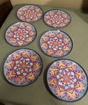 Set Of Six Global Mosaic Patterned Melamine Dinner Plates. Fixed Price $20.40.