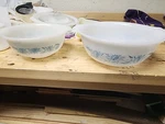 Glasbake J2355 And J2356 Light Blue Mixing Bowls Chipping On Rim. Fixed Price $25.00.