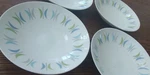 4 Rare Vintage Mid Century Modern Sango Montego Soup Bowls Blue Green Crescent. Fixed Price $49.00.