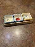 The Pioneer Woman Floral Medley 4-PC Stoneware Condiment Set Acacia Wood Tray. Fixed Price $29.00.
