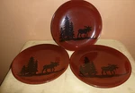 Set Of 3 Dei Dennis East Woodland Moose 8.5 Inch Red Cabin Decor Lodge Plates. Fixed Price $19.99.