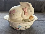 Pfaltzgraff Perennial Tea Rose Collection Weaved Basket Bunny Covered Dish. Fixed Price $34.99.